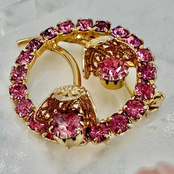 Vintage Pink Glass Brooch Pin Prong Set Rhinestones  Circle Flower Bud C… - Picture 2 of 9